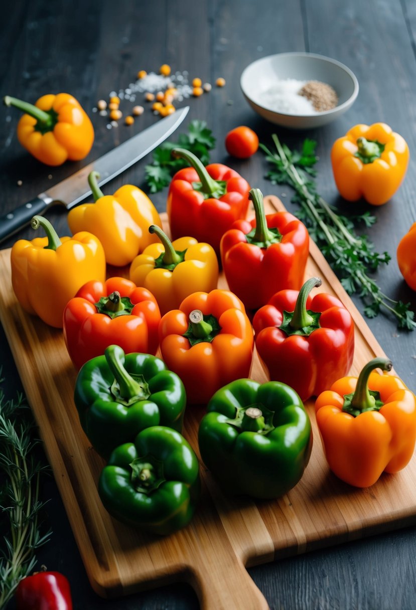 Fresh sweet peppers arranged on a wooden cutting board with a knife and various ingredients scattered around