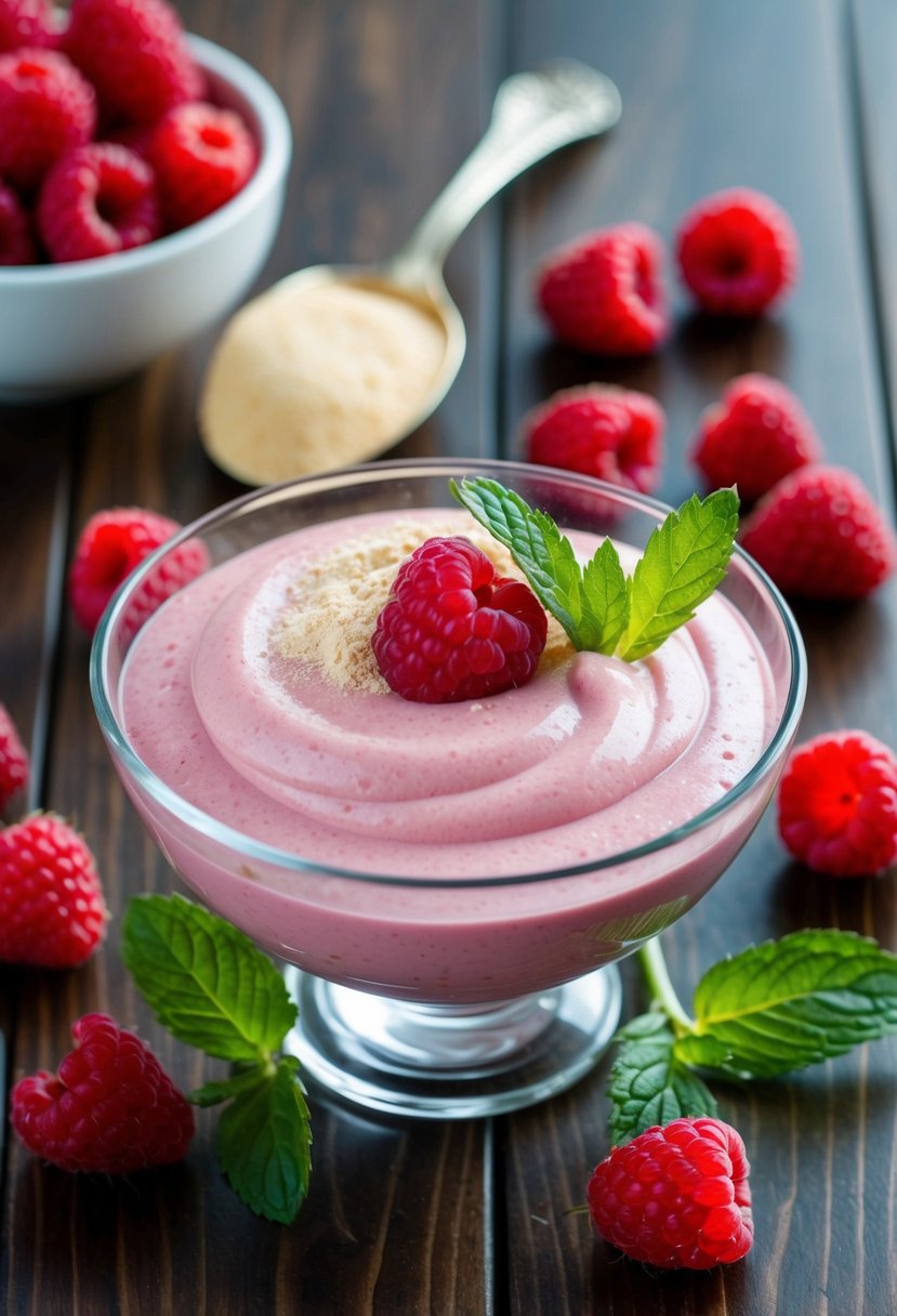 A glass bowl of raspberry mousse with agar agar powder on the side, surrounded by fresh raspberries and mint leaves on a wooden table