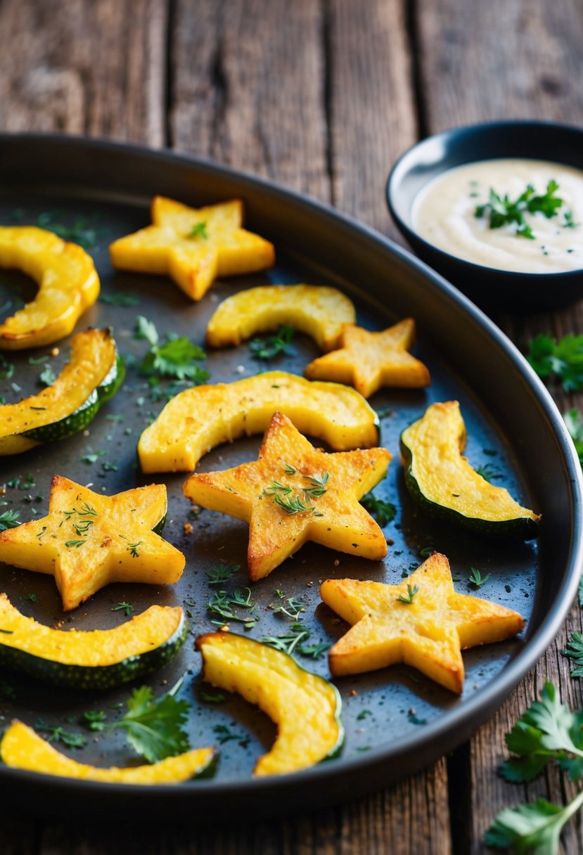 A rustic wooden table with a tray of golden baked star squash fries, sprinkled with herbs and served with a side of dipping sauce