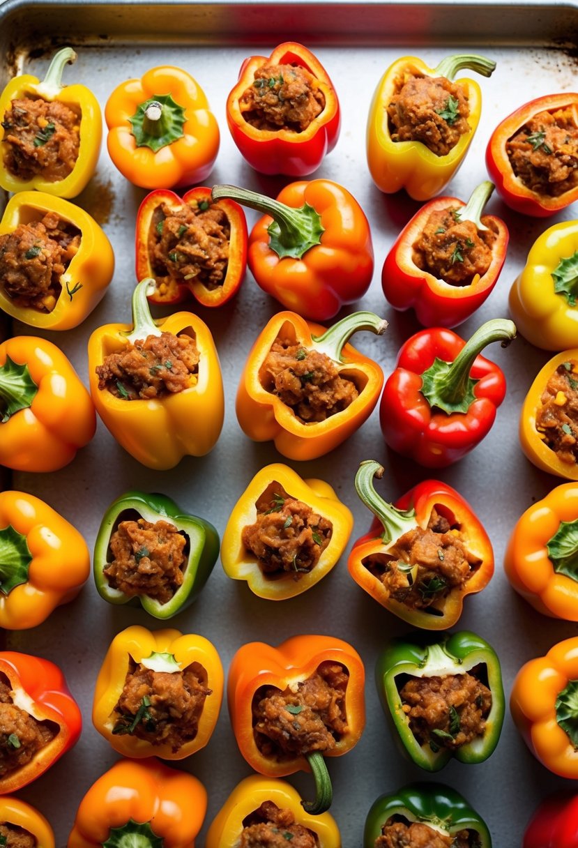 A colorful array of sweet peppers, halved and stuffed with a savory mixture, arranged on a baking sheet