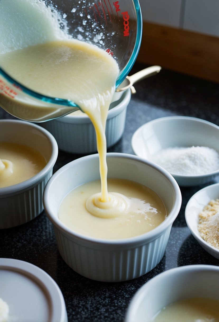 A coconut milk flan mixture being poured into individual serving molds, with agar agar powder visible on the counter