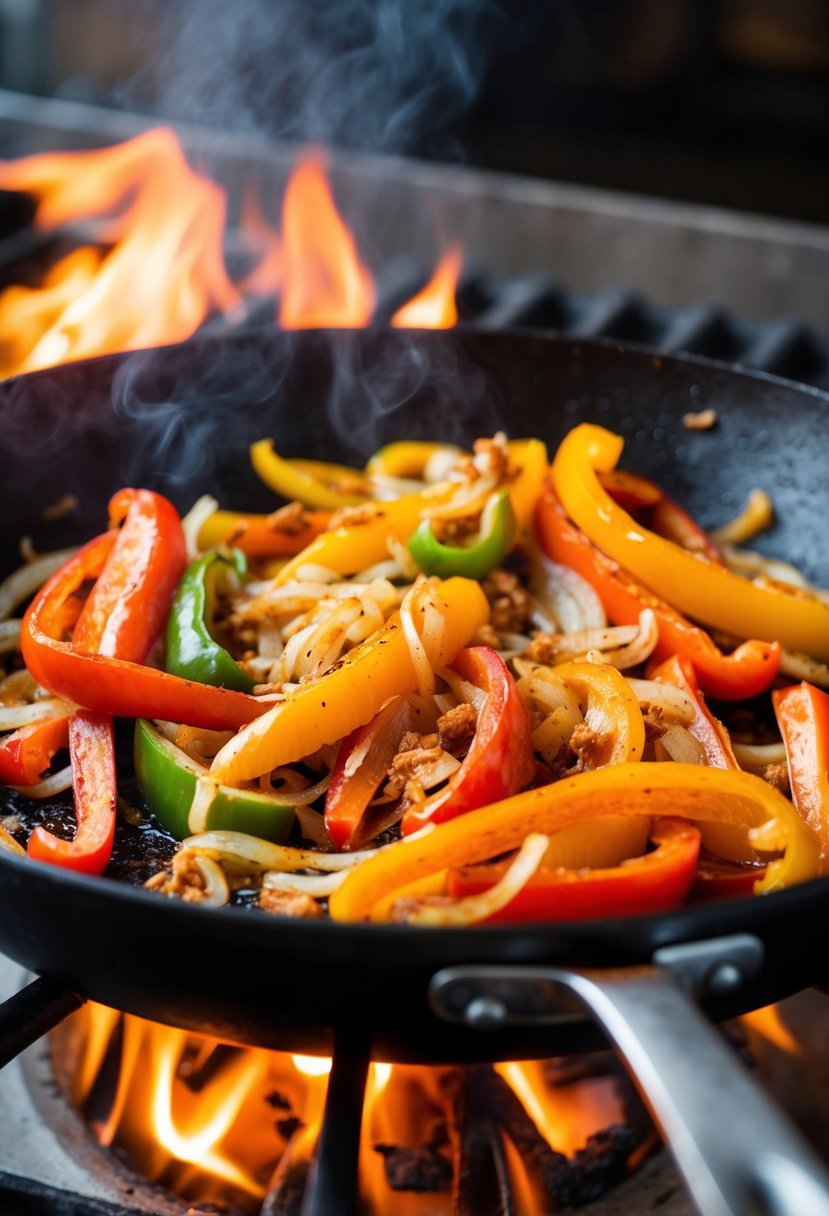 A sizzling skillet of colorful sweet pepper fajitas cooking over an open flame. Onions and peppers are being sautéed together with sizzling spices