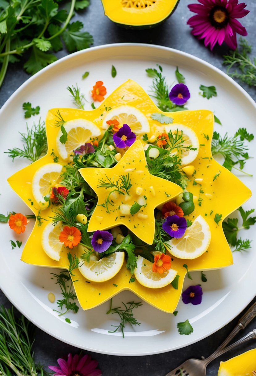 A vibrant star squash salad with lemon dressing on a white plate, surrounded by fresh herbs and colorful edible flowers