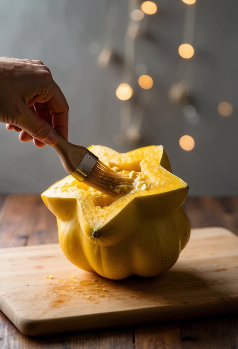 A star squash being brushed with garlic butter on a cutting board