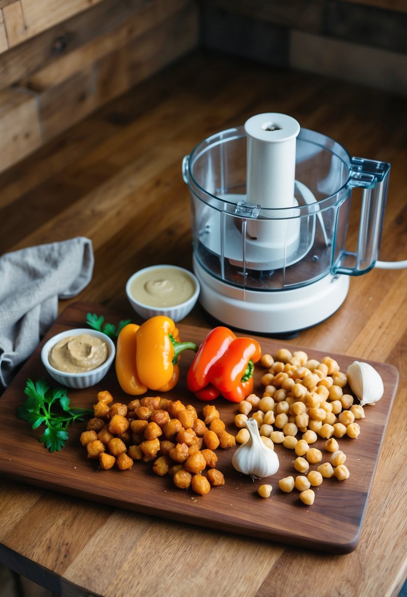 A wooden cutting board with roasted sweet peppers, tahini, garlic, and chickpeas arranged next to a food processor