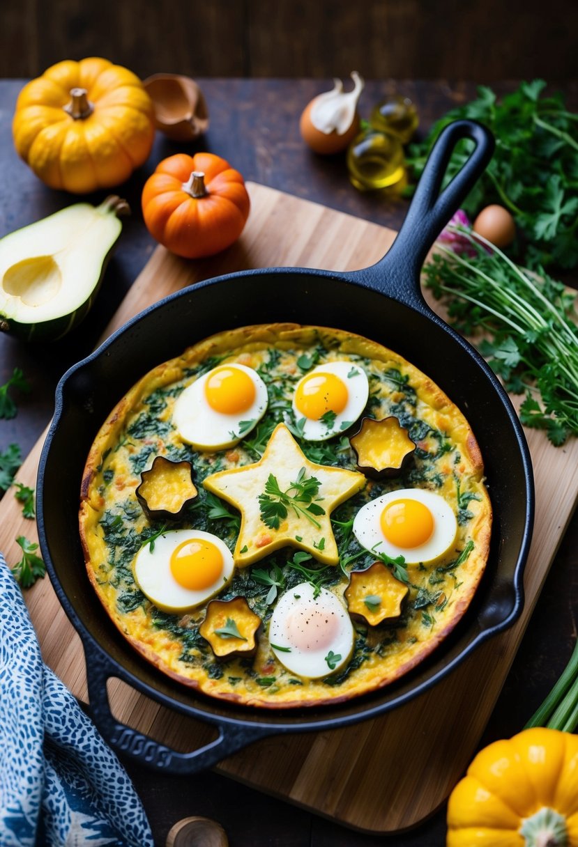 A sizzling frittata in a cast iron skillet, filled with star squash, eggs, and herbs, surrounded by colorful ingredients on a wooden cutting board