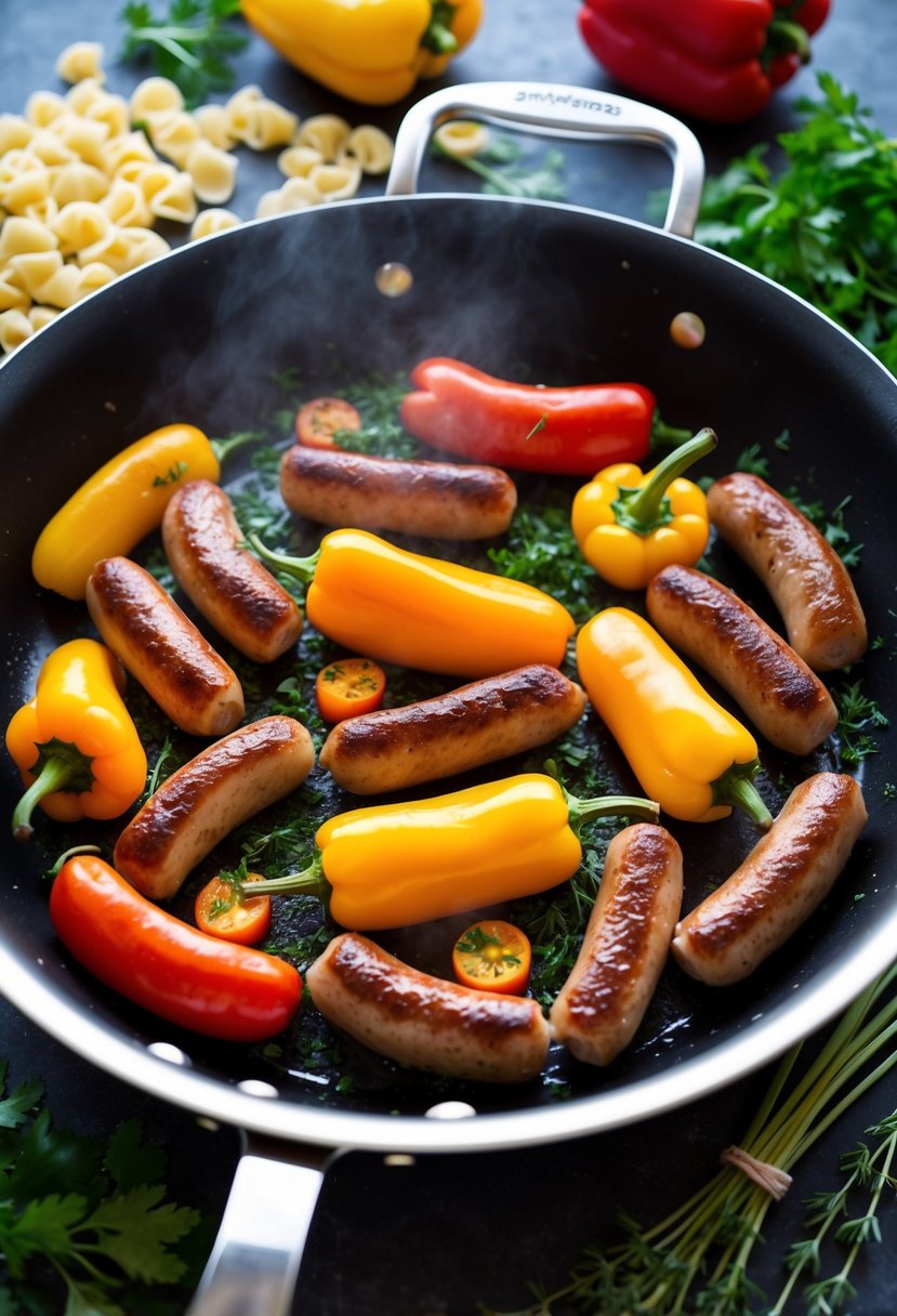 A colorful array of sweet peppers and sausages sizzling in a pan, surrounded by fresh herbs and pasta