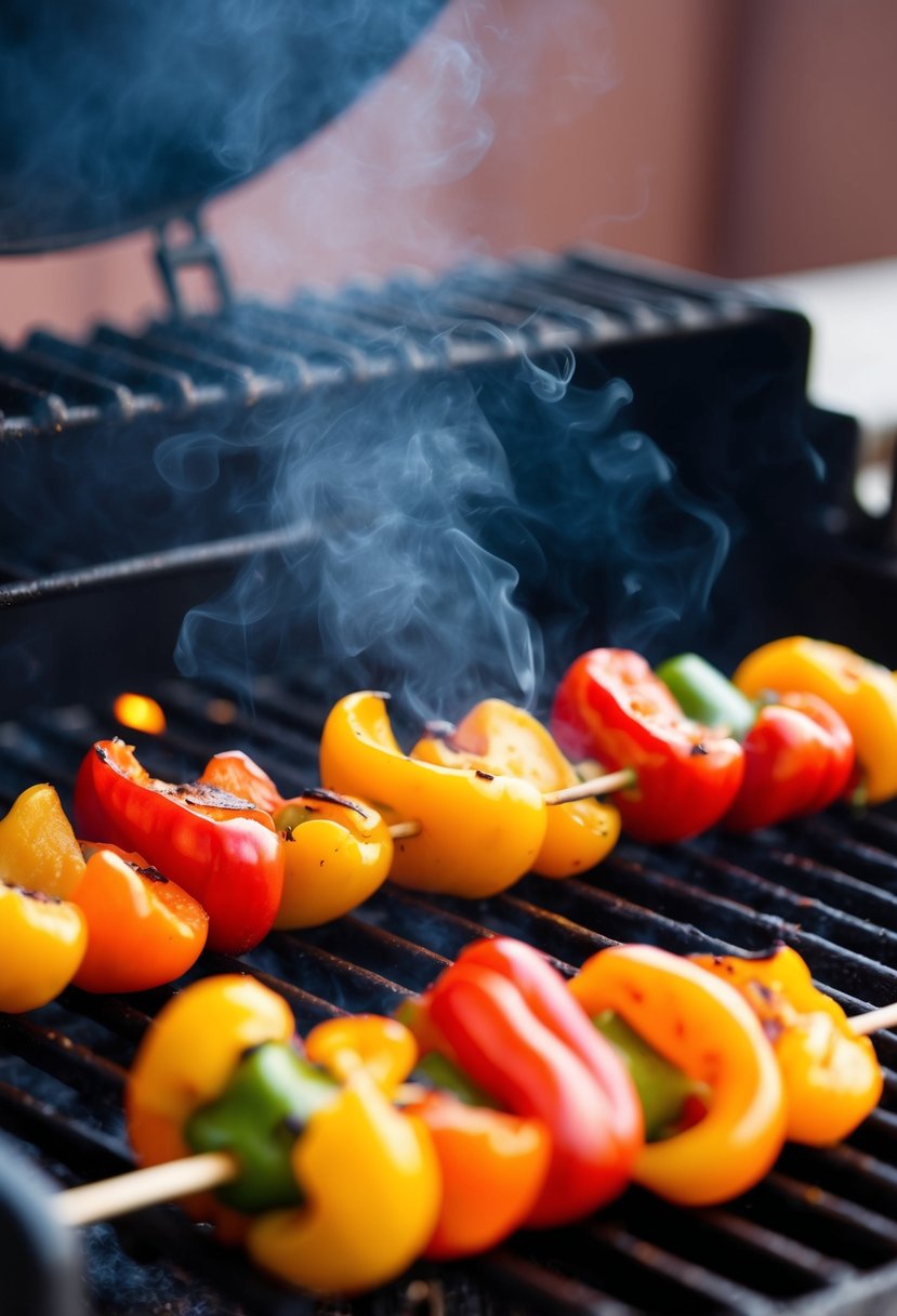 Vibrant sweet pepper skewers sizzling on a hot grill, emitting a mouthwatering aroma