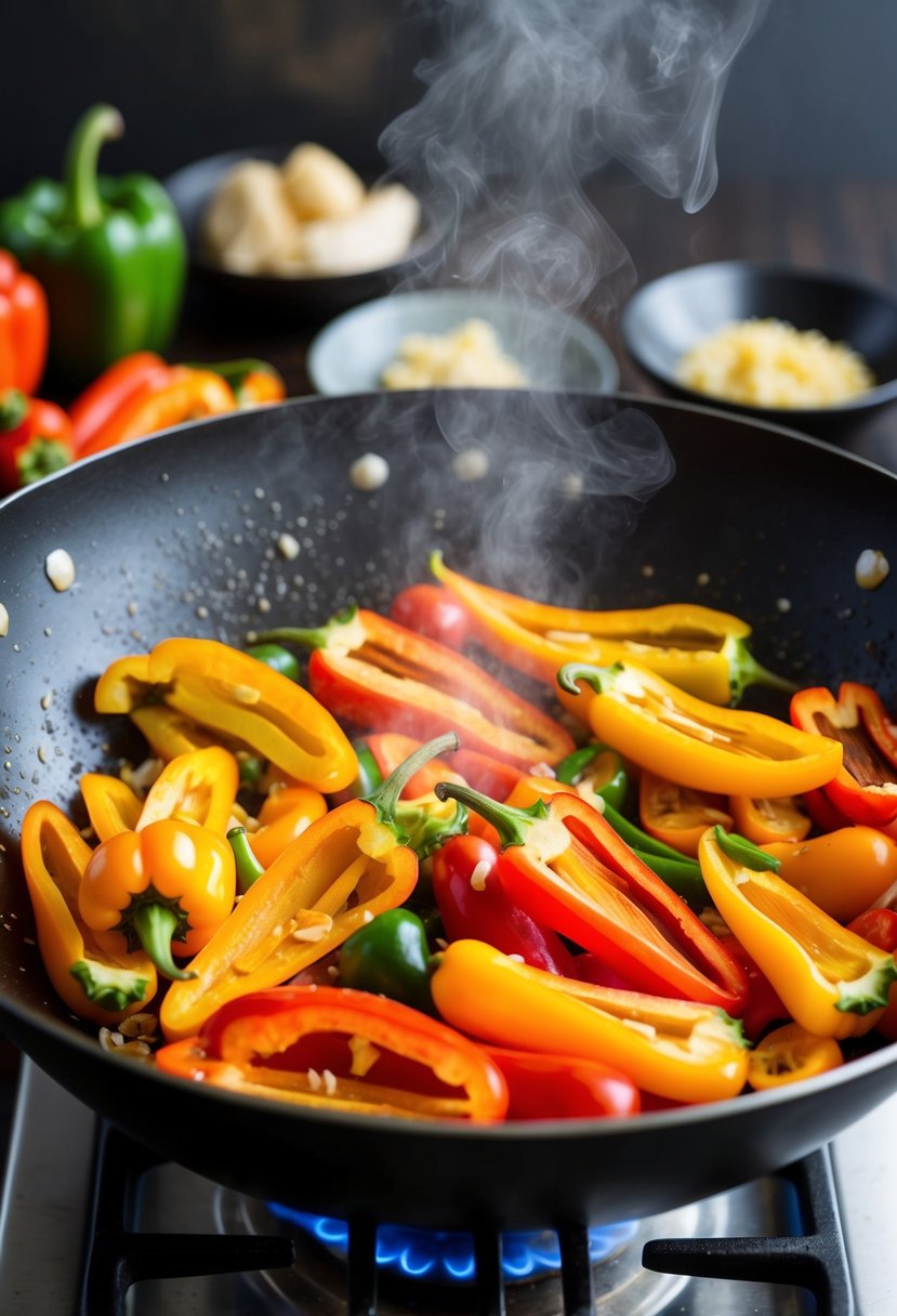 A colorful array of sweet peppers, sliced and sizzling in a wok with garlic, ginger, and soy sauce. Steam rises as the vibrant vegetables cook