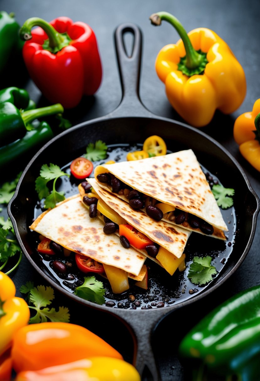 A sizzling skillet with sweet pepper and black bean quesadillas, surrounded by colorful bell peppers and a sprinkle of fresh cilantro