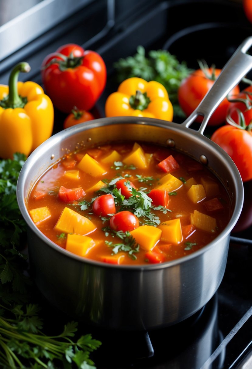 A pot of sweet pepper and tomato soup simmers on the stove, surrounded by vibrant red and yellow sweet peppers, ripe tomatoes, and fresh herbs