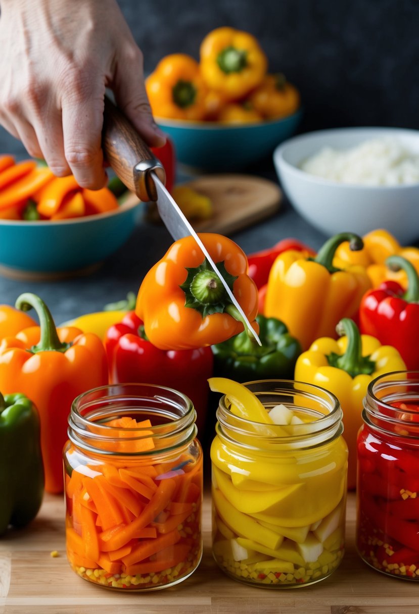 A colorful array of sweet peppers being sliced, diced, and pickled in glass jars