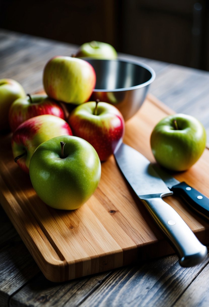 A wooden cutting board with a pile of fresh Macintosh apples, a chef's knife, and a mixing bowl