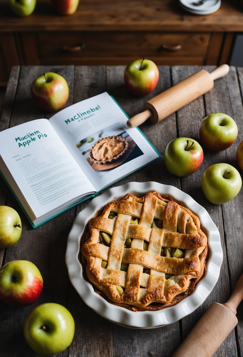 A rustic kitchen table with a freshly baked apple pie, surrounded by Macintosh apples, a rolling pin, and a recipe book open to a Macintosh apple pie recipe