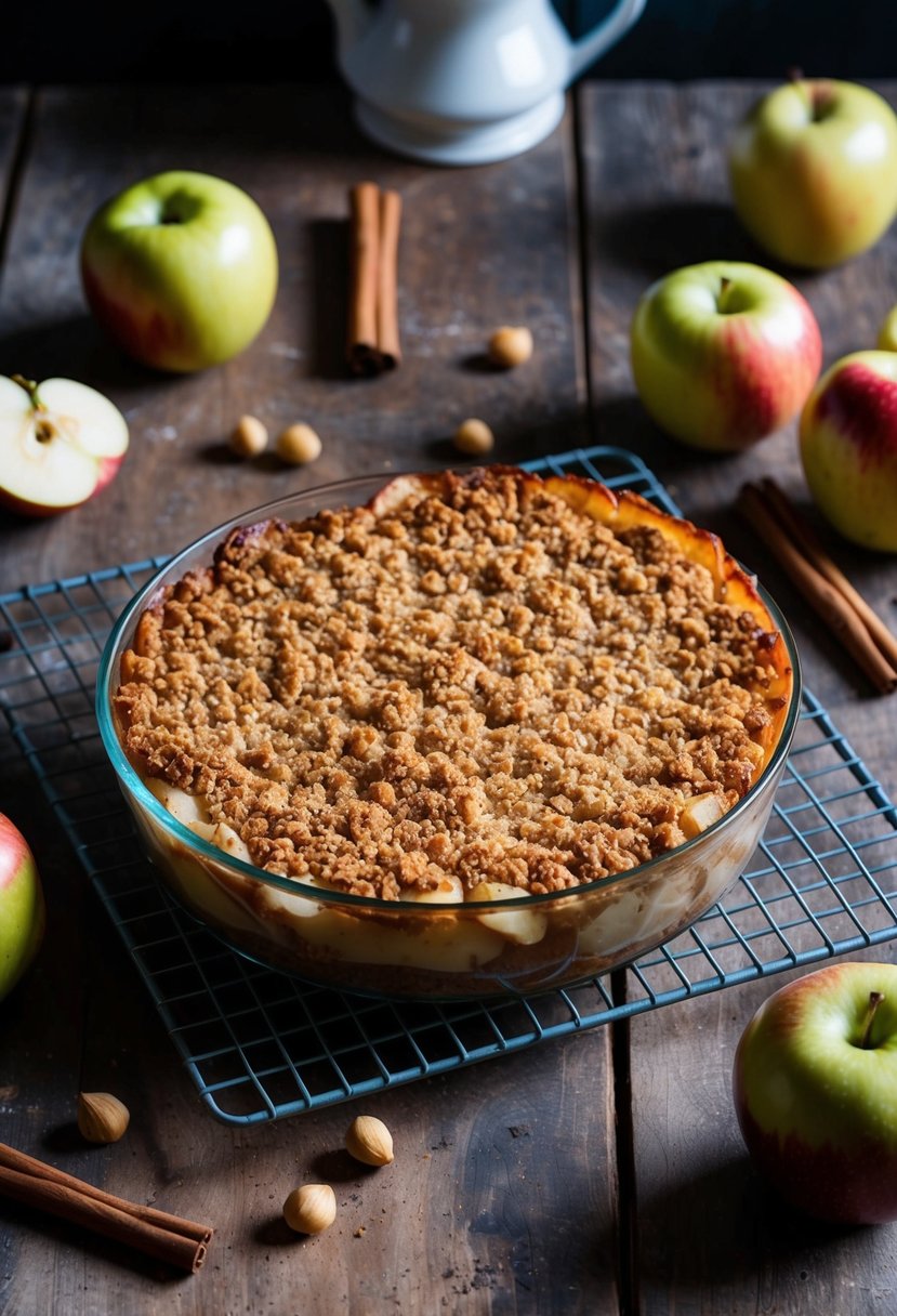 A rustic kitchen table with a freshly baked Macintosh Apple Crisp cooling on a wire rack, surrounded by scattered apples and a cinnamon stick