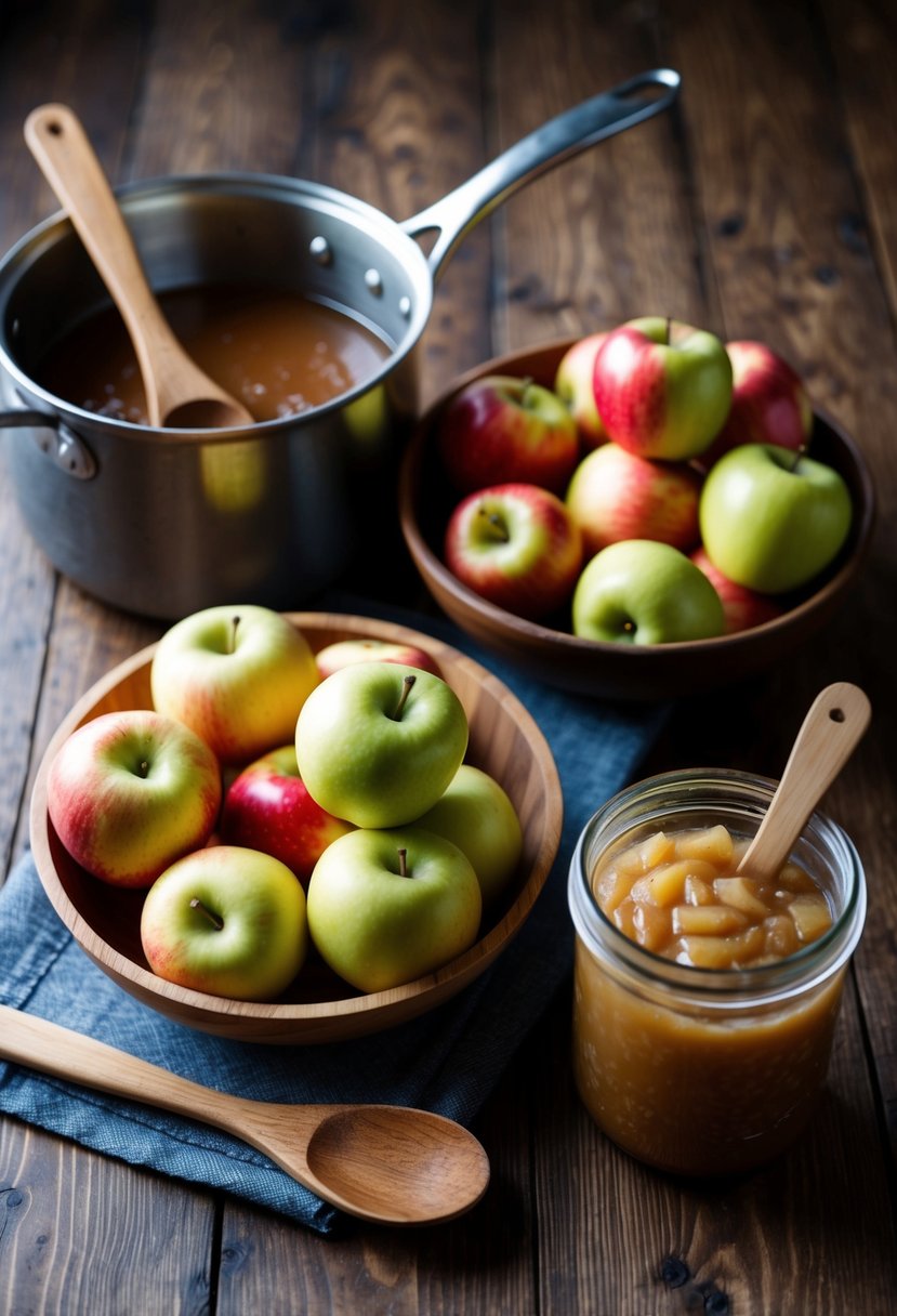 A wooden table with a bowl of ripe macintosh apples, a pot, a wooden spoon, and a jar of homemade apple sauce