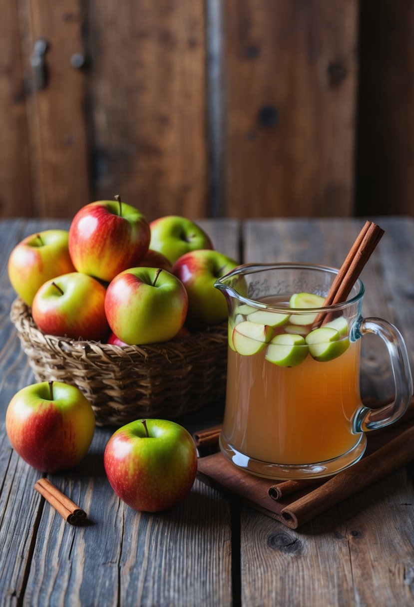 A rustic wooden table with a basket of fresh Macintosh apples, a pitcher of apple cider, and a cinnamon stick