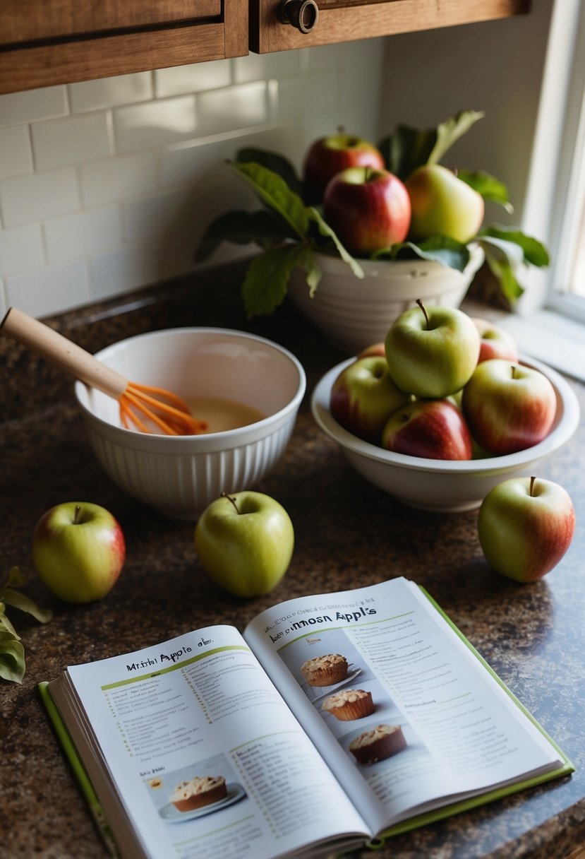 A rustic kitchen counter with fresh macintosh apples, a mixing bowl, and a recipe book open to a page on Macintosh Apple Cake