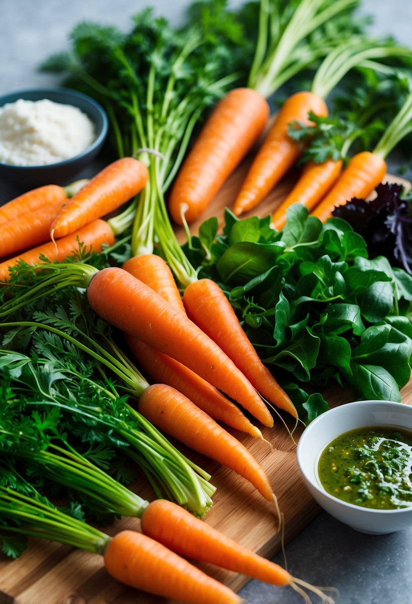 A colorful array of fresh carrots, leafy greens, and vibrant herbs, arranged on a wooden cutting board with a bowl of zesty vinaigrette nearby