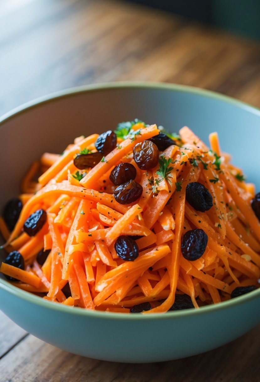 A bowl of shredded carrots and plump raisins mixed together, sprinkled with a light vinaigrette, sitting on a wooden table