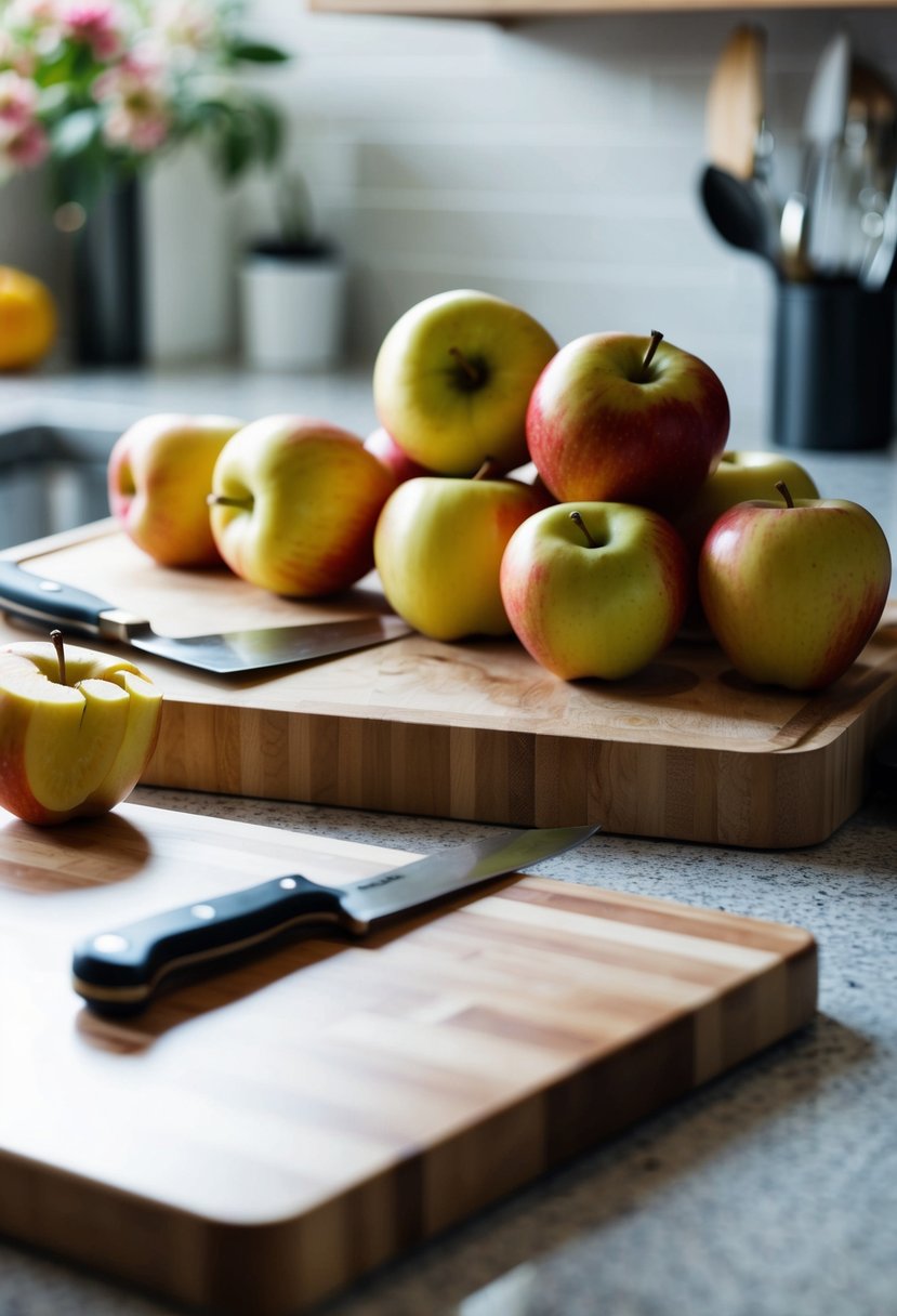 A kitchen counter with a cutting board, knife, and a pile of Macintosh apples