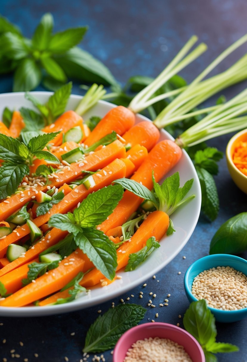 A vibrant Thai Carrot Salad with fresh mint and basil, surrounded by colorful ingredients and garnished with a sprinkle of sesame seeds