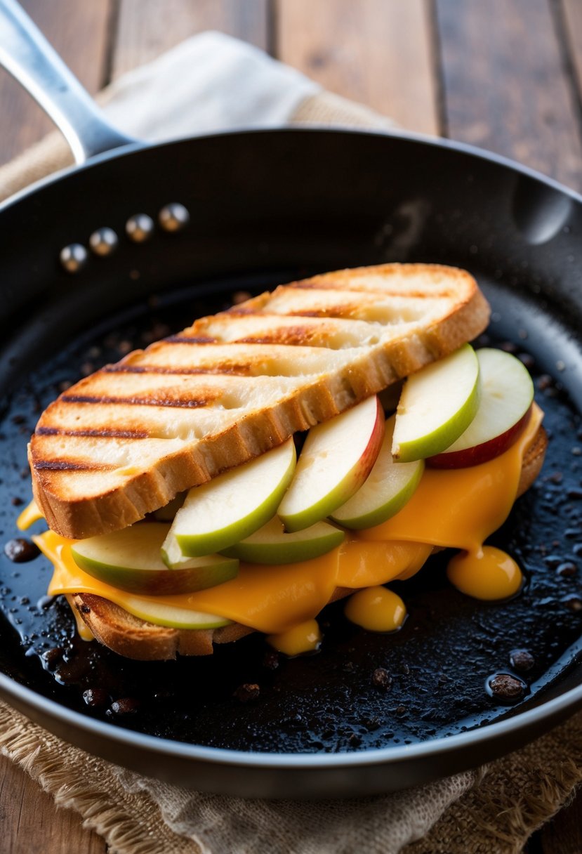 A skillet sizzling with a golden-brown Apple and Cheddar Panini, featuring slices of juicy Macintosh apples oozing with melted cheese