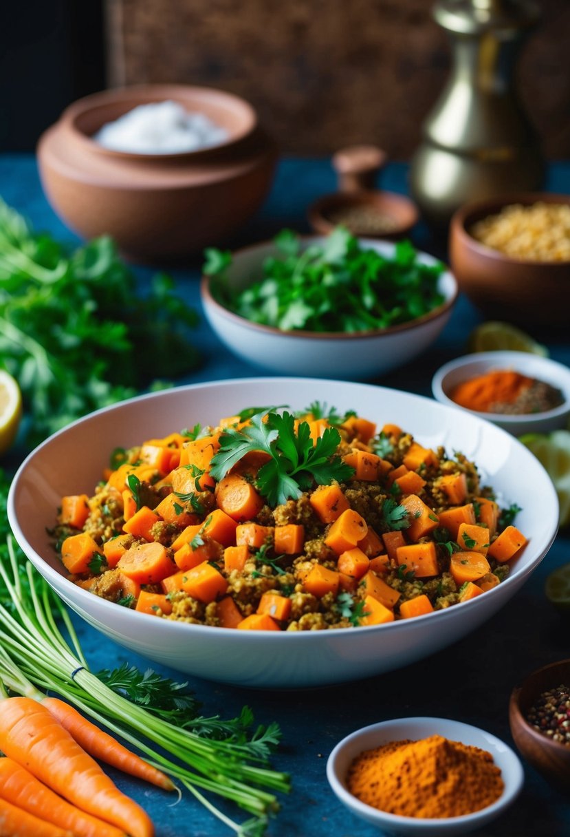 A vibrant bowl of Moroccan Carrot Salad with Harissa surrounded by fresh ingredients and spices