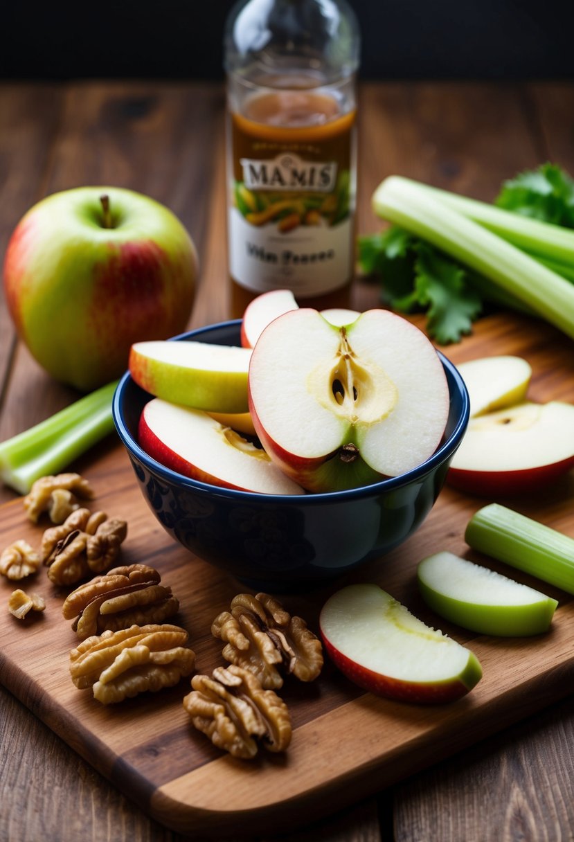 A wooden table with a bowl of sliced Macintosh apples, surrounded by ingredients like walnuts, celery, and a bottle of vinaigrette