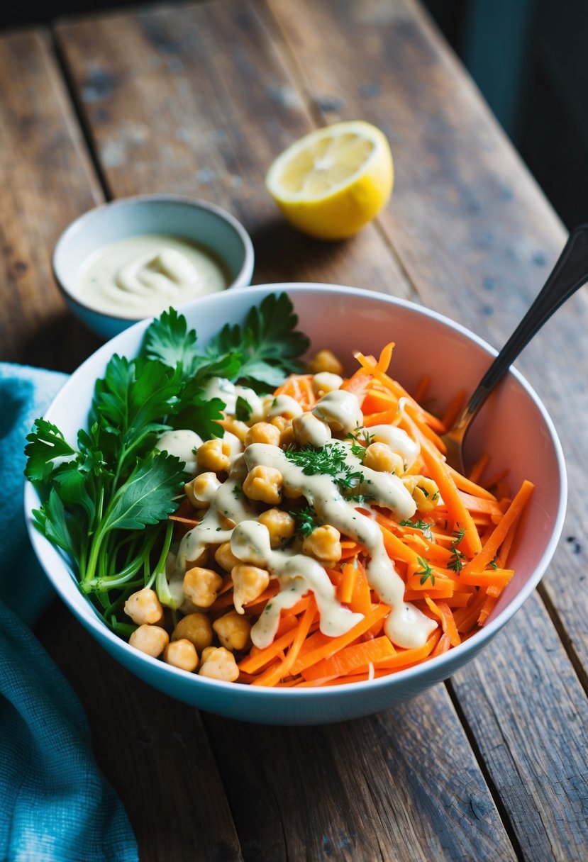 A colorful bowl of shredded carrots, chickpeas, and fresh herbs, drizzled with a creamy lemon-tahini dressing, sitting on a rustic wooden table