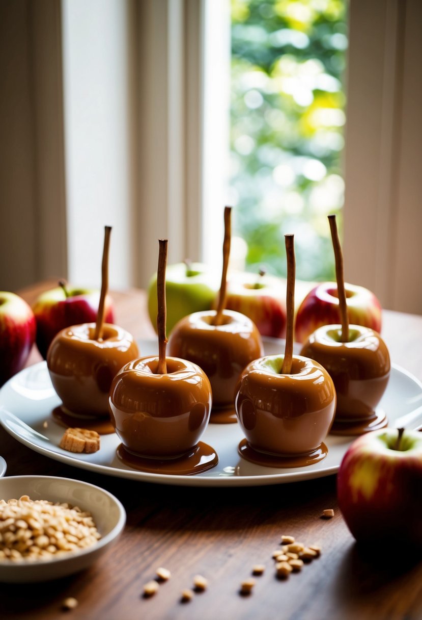 A table displays caramel apples with Macintosh apples and ingredients