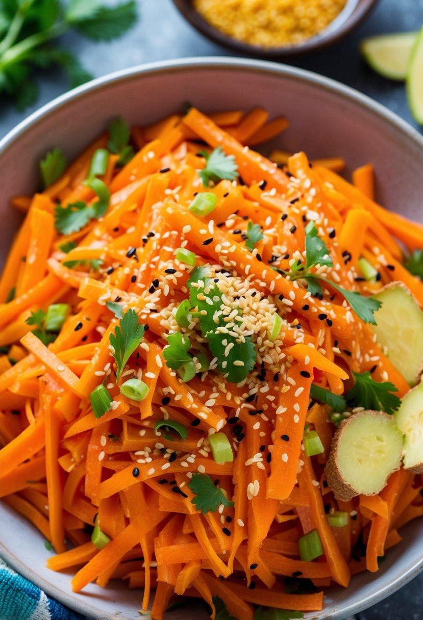 A colorful bowl of shredded carrots, drizzled with sesame dressing and garnished with ginger, sesame seeds, and fresh herbs