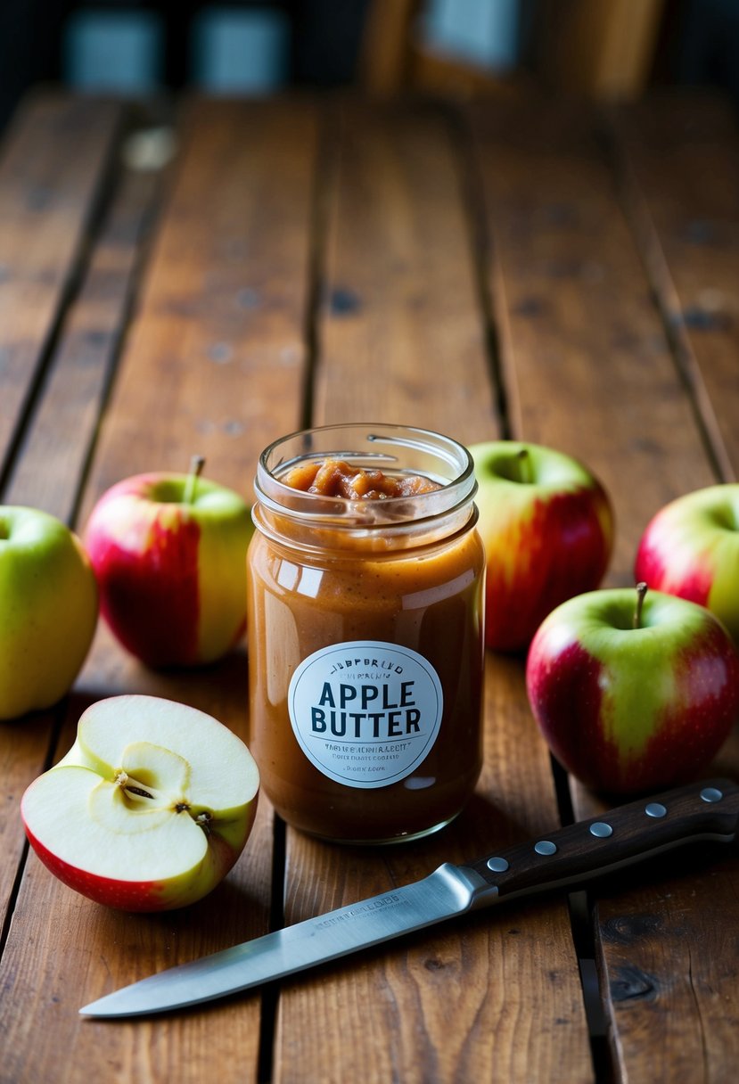 A wooden table with a jar of apple butter, surrounded by fresh Macintosh apples and a knife for slicing