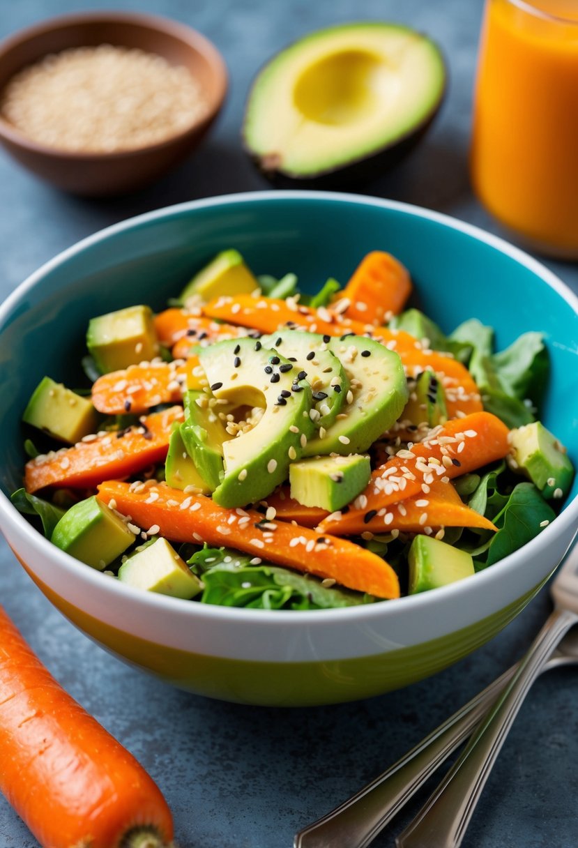 A colorful bowl of spiced carrot and avocado salad, with vibrant orange and green tones, topped with sesame seeds and a drizzle of dressing