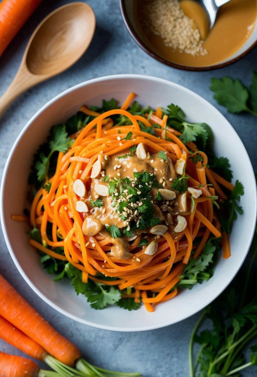 A colorful bowl of carrot noodle salad topped with peanut dressing and garnished with fresh herbs and sesame seeds