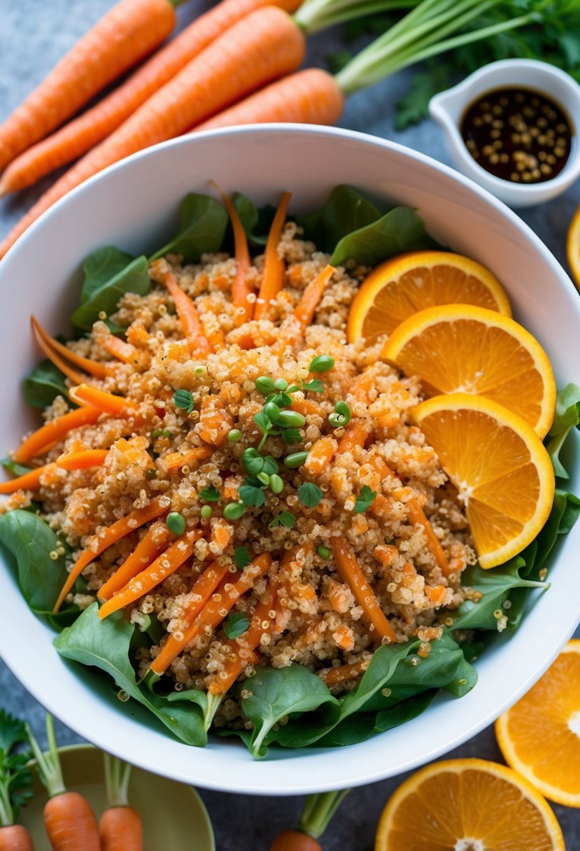 A colorful bowl of carrot-quinoa salad topped with orange vinaigrette, surrounded by fresh carrots, quinoa grains, and orange slices