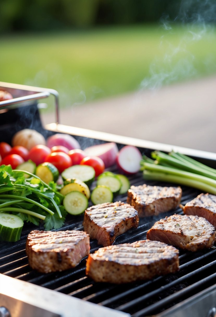 A sizzling grill with various cuts of meat and low-carb vegetables