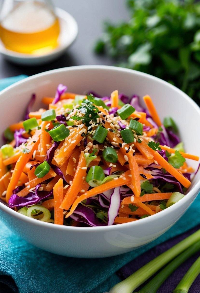 A colorful bowl of shredded carrots, purple cabbage, and green onions mixed with a honey-Dijon dressing, topped with sesame seeds and fresh herbs