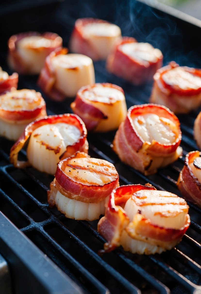 Scallops wrapped in bacon on a sizzling grill