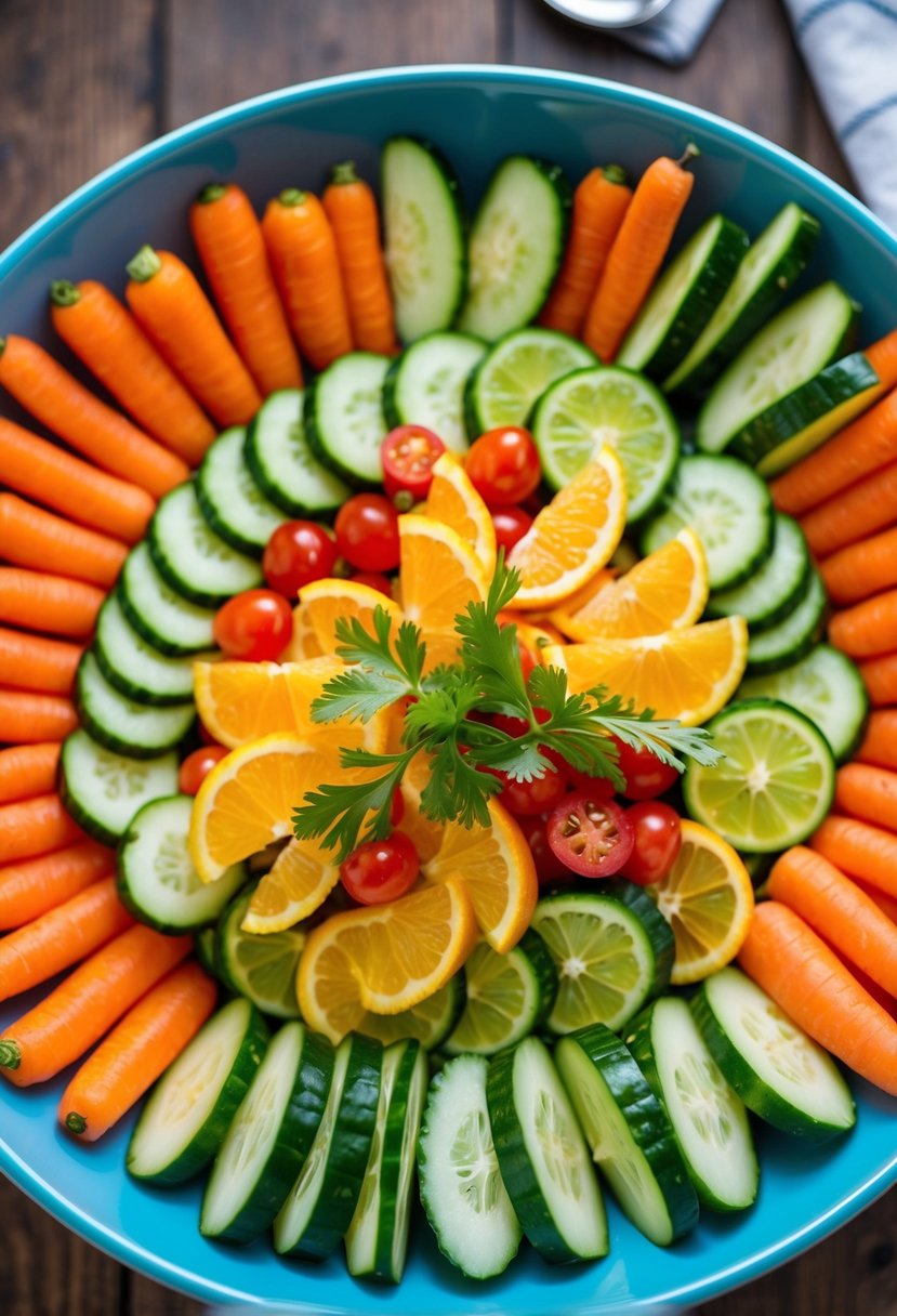 A colorful array of sliced carrots, cucumbers, and citrus fruits arranged in a vibrant salad bowl