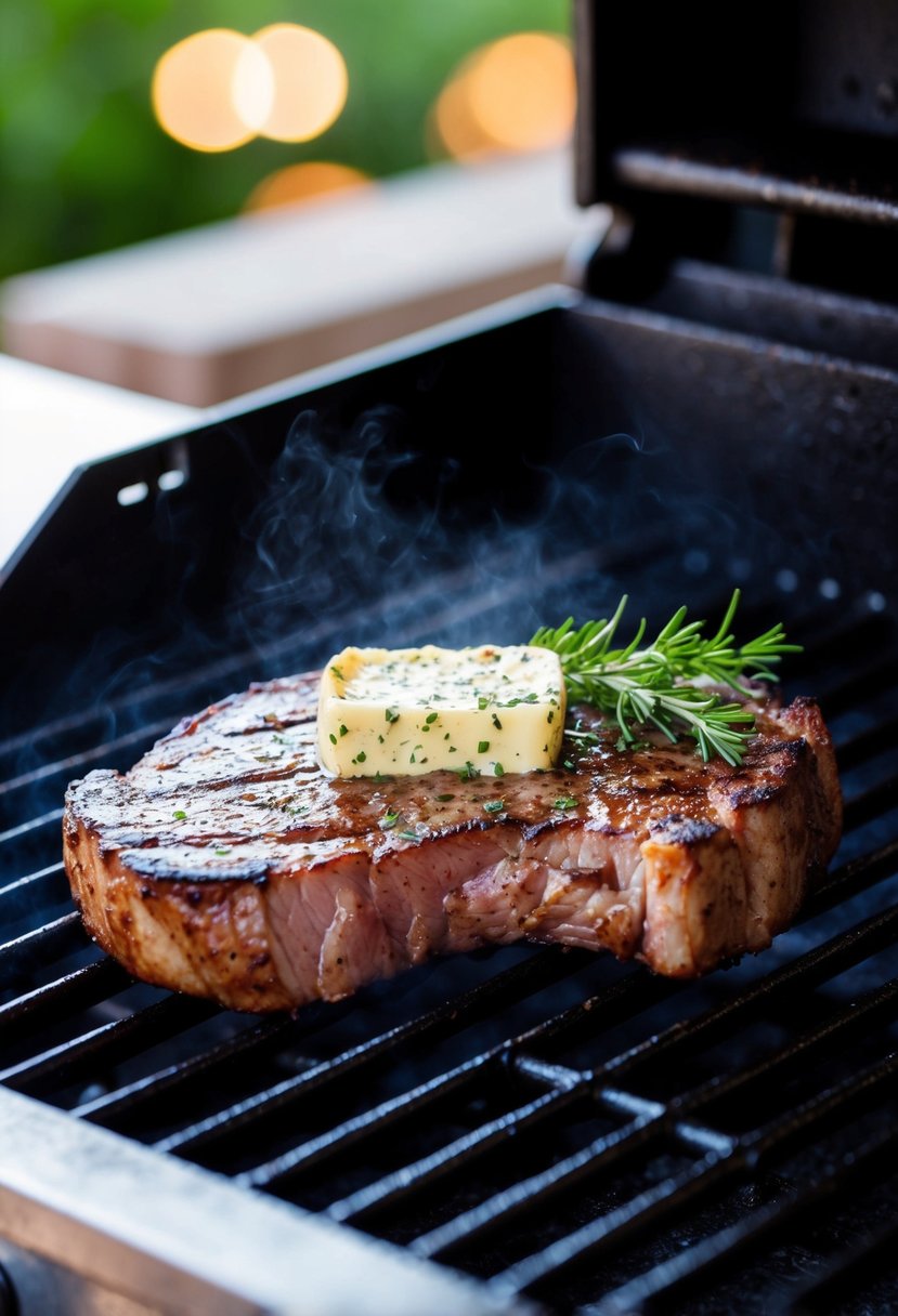 A sizzling ribeye steak topped with herb butter on a hot grill