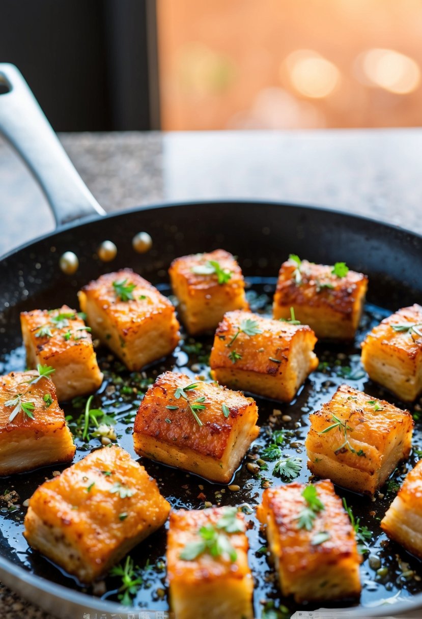 A sizzling skillet of crispy pork belly bites with herbs and seasonings