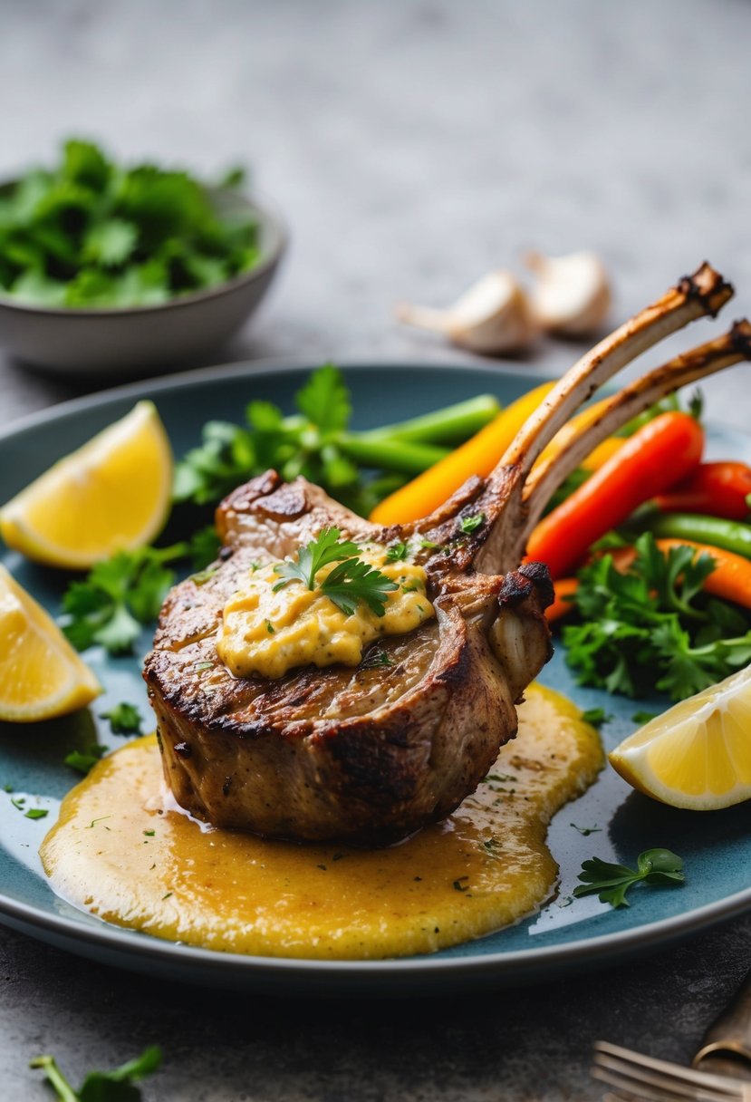 A sizzling lamb chop topped with garlic sauce on a plate, surrounded by keto-friendly vegetables and herbs