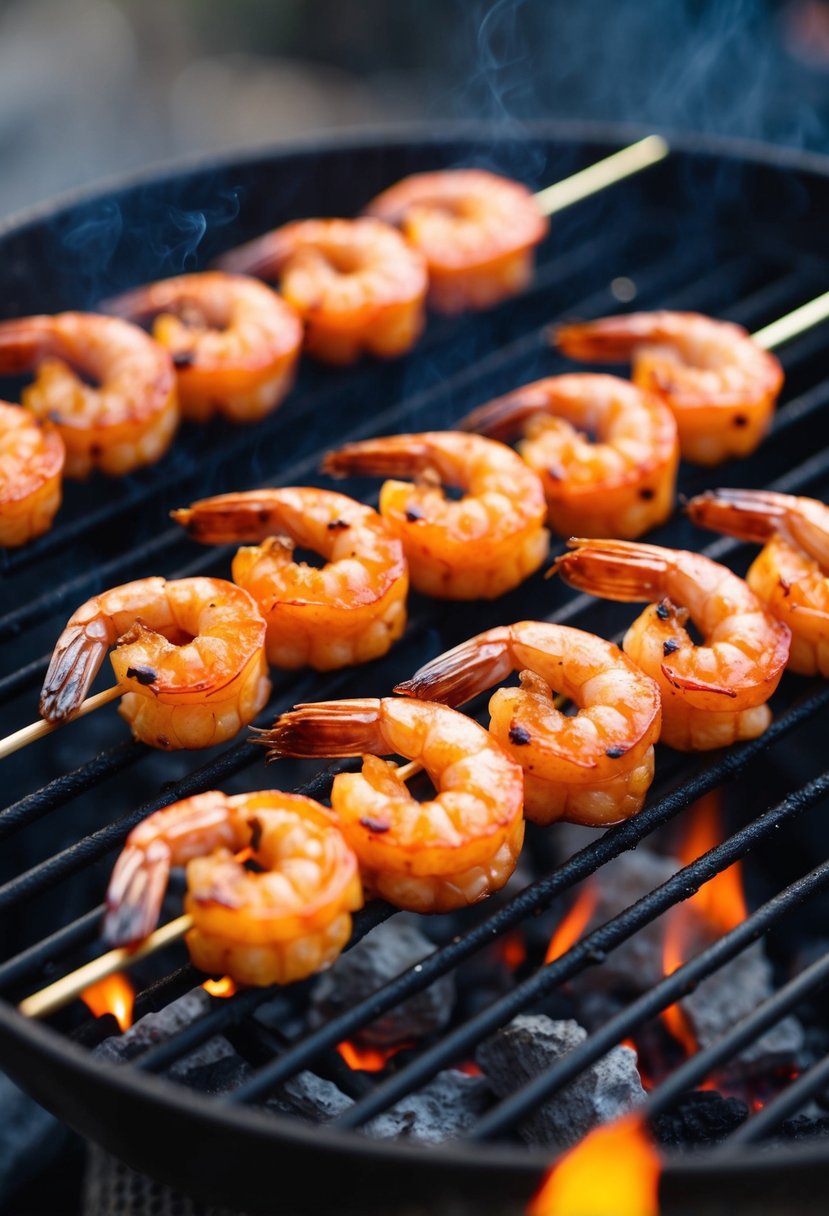 Skewers of spicy shrimp sizzling on a grill over hot coals