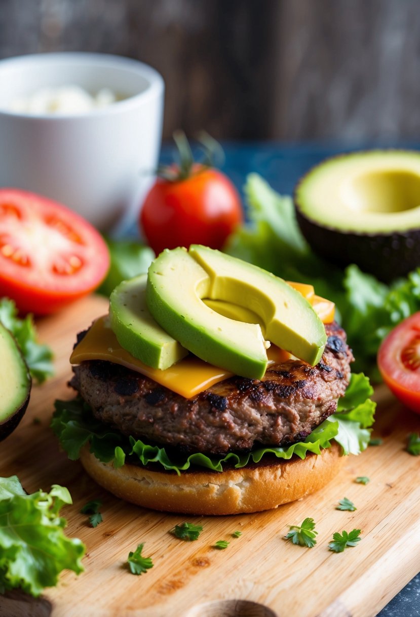 A sizzling bison burger topped with creamy avocado, surrounded by keto-friendly ingredients like lettuce, tomatoes, and cheese