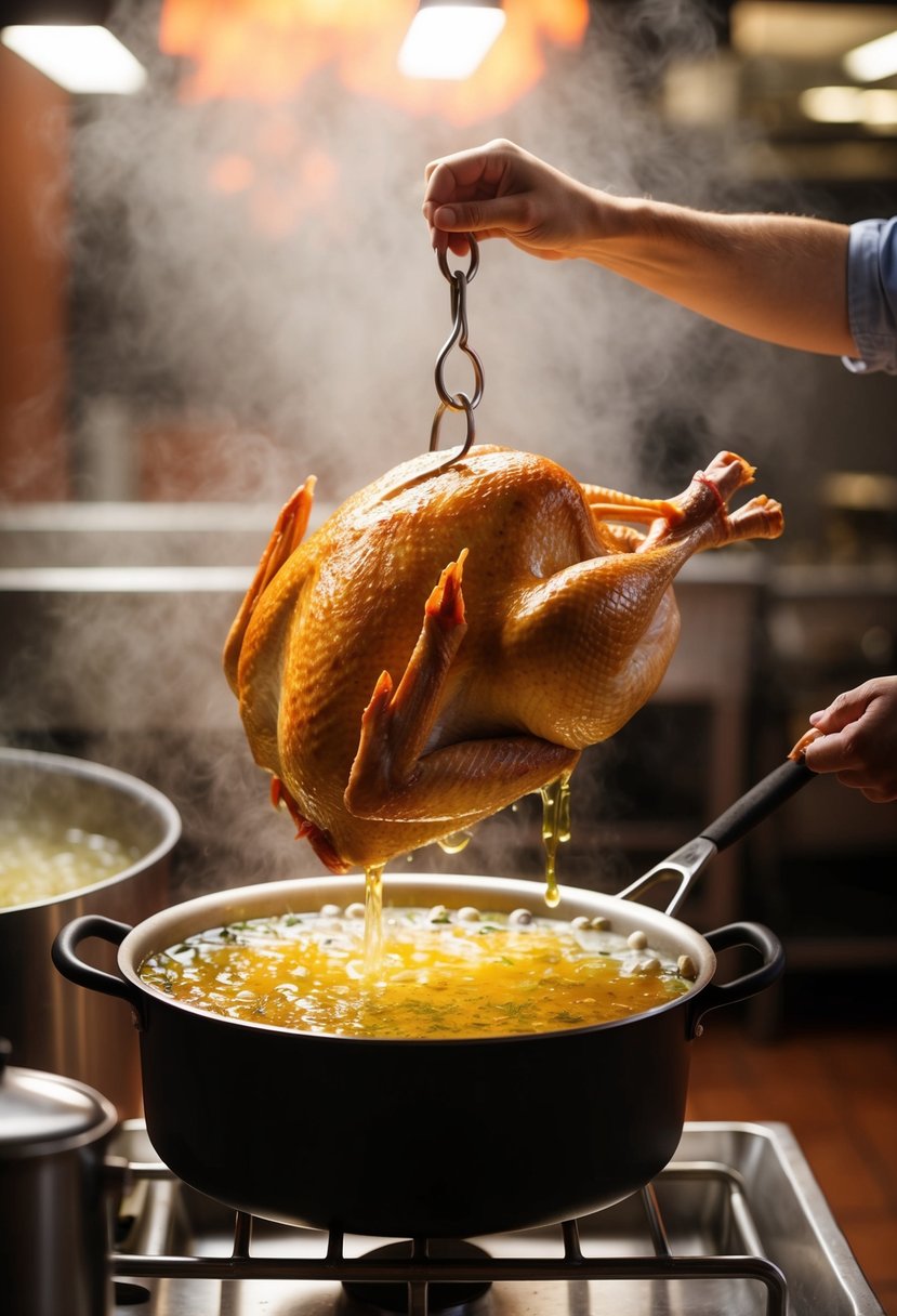 A large pot of bubbling oil with a whole turkey being lowered in