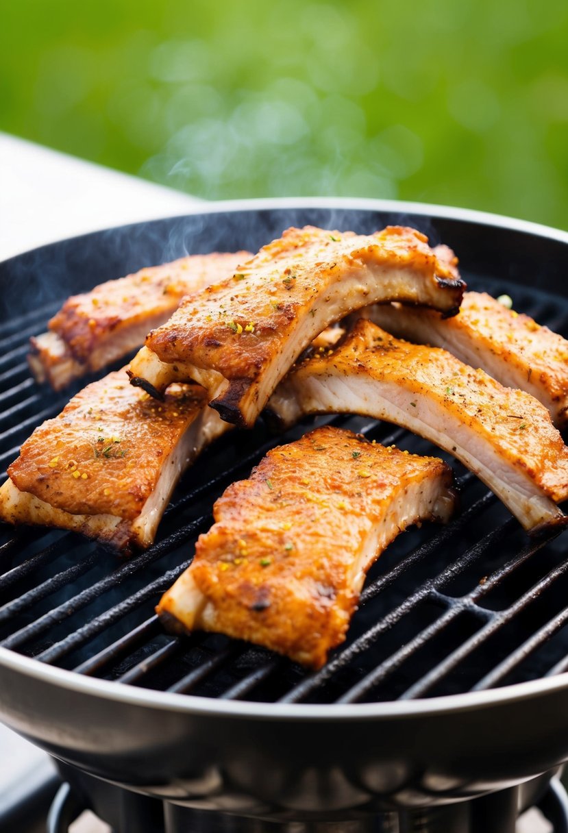 A platter of tender pork ribs, seasoned with keto-friendly spices, sizzling on a grill