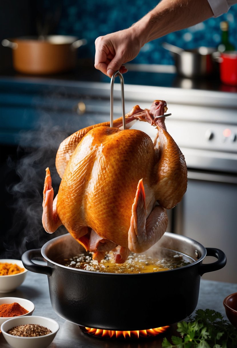 A large turkey being lowered into a bubbling pot of hot oil, surrounded by Cajun spices and herbs