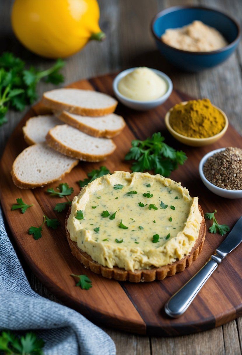 A rustic wooden board displays a spread of creamy chicken liver pâté, surrounded by assorted keto-friendly carnivore ingredients