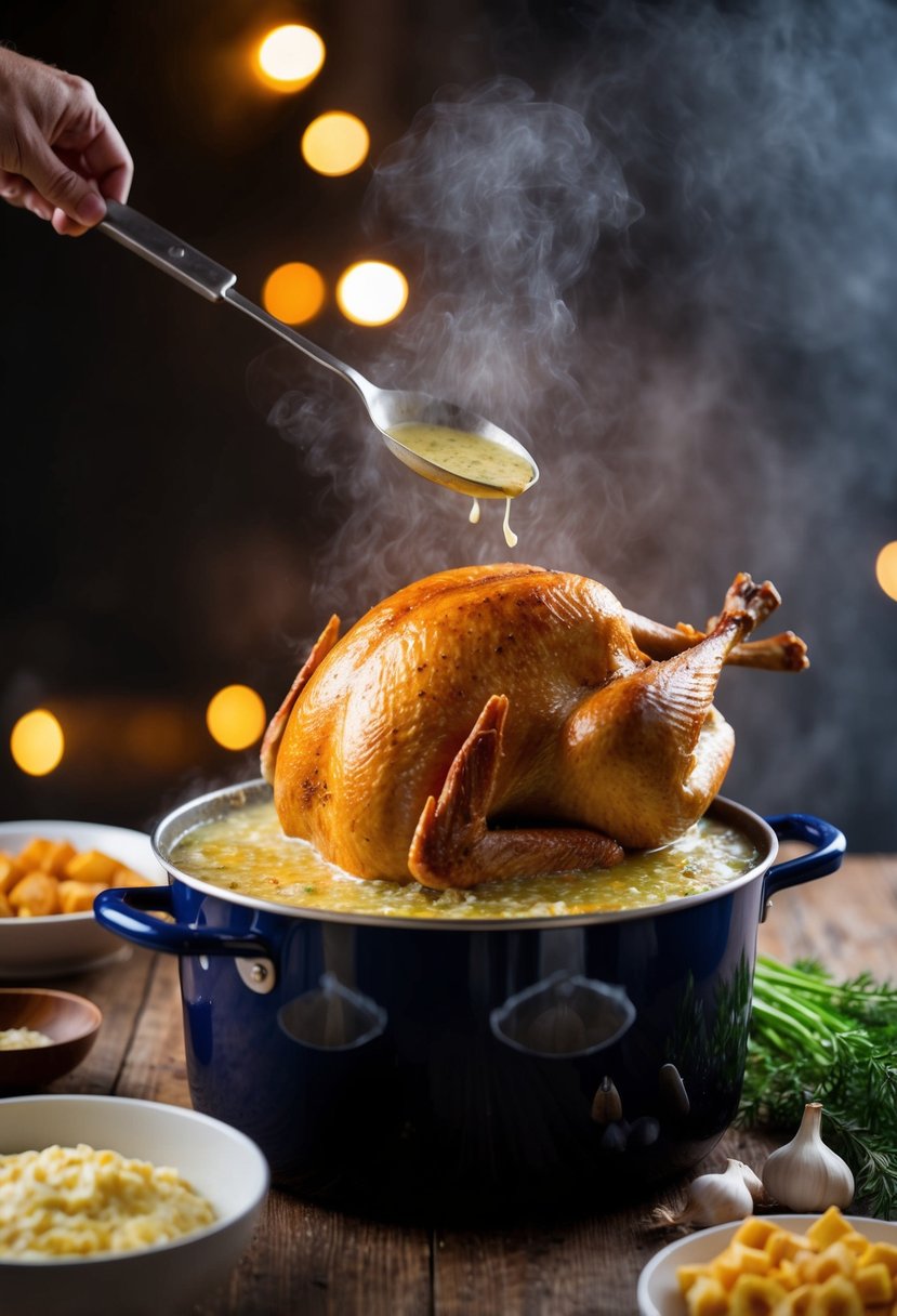 A turkey being deep-fried in a large pot of bubbling garlic butter